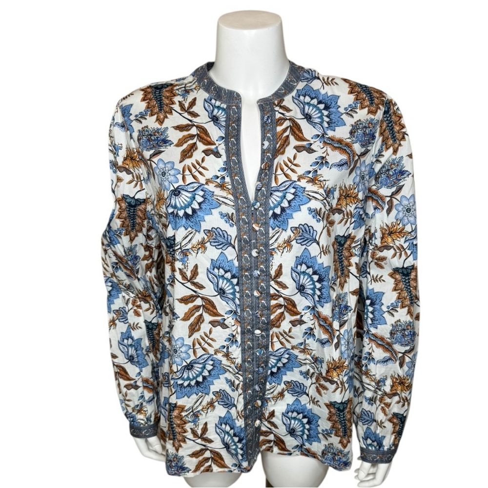 Soft Surroundings Floral Button-Front Top Tunic Blouse L V-neck Blue Brown Boho